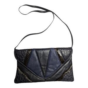 Vtg 1980s Navy Blue Croc Embossed Patchwork Leather Envelope Shoulder Bag